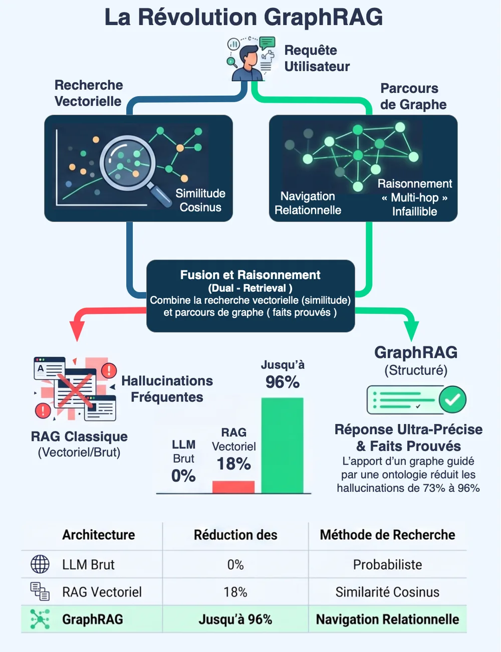Schema, das klassisches vektorielles RAG und GraphRAG vergleicht: Vektorsuche und Durchlaufen des Graphen zusammengeführt, mit einer Tabelle der Minderungsraten von Halluzinationen